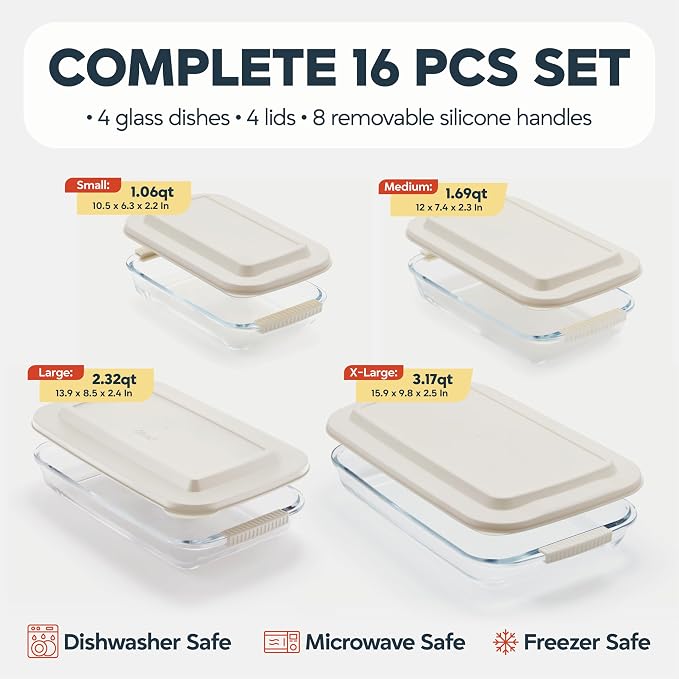 Pexo 8 Piece Glass Baking Dish Set with Plastic Lids, With Silicone Handles for Easy Grip (1.06QT, 1.69QT, 2.32QT, 3.17QT), Clear Glass Casserole Dishes for Oven, Airtight Lids, Glass Bakeware, Freezer, Oven, and Dishwasher safe (White)
