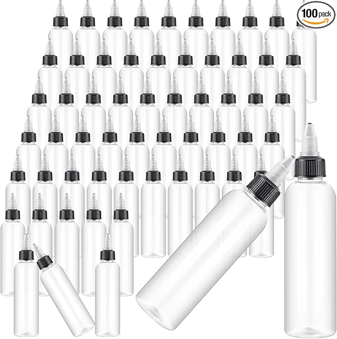 Irenare 100 Pcs 4 oz Plastic Squeeze Bottles Bulk Hair Oil Applicator Bottles Boston Empty Squeeze Condiment Bottle with Twist Top Cap Leak Proof for Liquids Oils Art Crafts Household Kitchen (Clear)