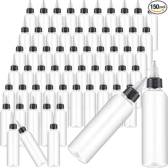 Irenare 150 Pcs 4 oz Plastic Squeeze Bottles Bulk Hair Oil Applicator Bottles Boston Empty Squeeze Condiment Bottle with Twist Top Cap Leak Proof for Liquids Oils Art Crafts Household Kitchen (Clear)