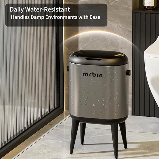 Stainless Steel Slim Bathroom Motion Sensor Trash Can with Lid and Wheels, 13L / 3.4gal Electric Touchless Toilet Waste Basket with Legs for Narrow Vanity, Rvs, Dorm, Kitchen, Eclipse Grey
