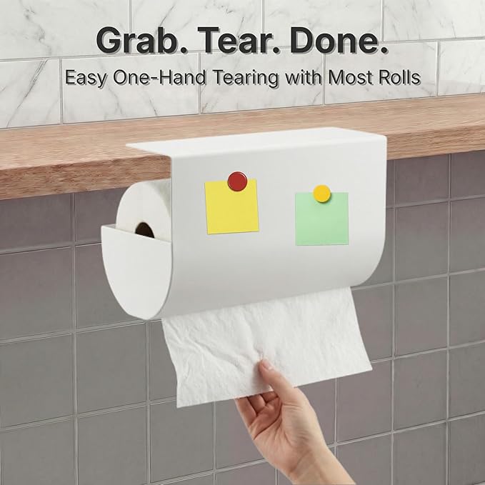 Under Cabinet Paper Towel Holder - No Drill Shelf Mount, Easy Tearing Design, Space-Saving, Magnet-Ready Steel Surface, Fits Standard US Rolls up to 11" (White)