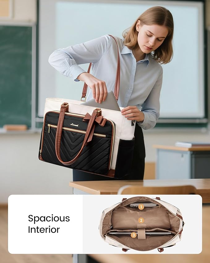 LOVEVOOK Lunch Bag, Tote Bag for Women with Insulated Lunch Compartment, Laptop Bag with Large Capacity & Cup Holder, Work Tote for Teacher, Nurse, Travel, College, Daily, Black-Beige-Brown, 17.3 Inch