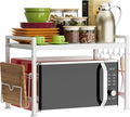 YIUKEA Extendable Microwave Oven Rack - Adjustable Kitchen counter shelf, 2 Tier Microwave Stand (L15.7~23.6" xW12.8 xH17.7) with 6 Hooks for Kitchen Countertop Organizer (White)