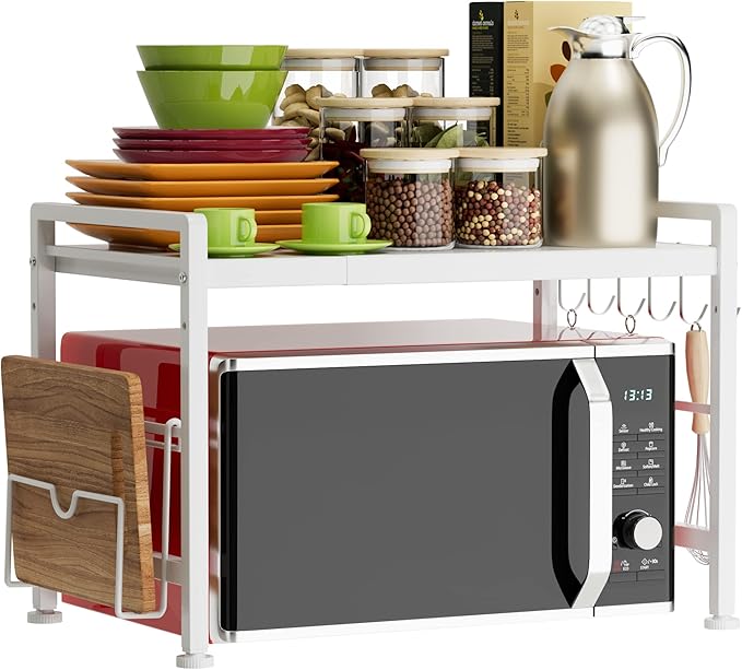 YIUKEA Extendable Microwave Oven Rack - Adjustable Kitchen counter shelf, 2 Tier Microwave Stand (L15.7~23.6" xW12.8 xH17.7) with 6 Hooks for Kitchen Countertop Organizer (White)