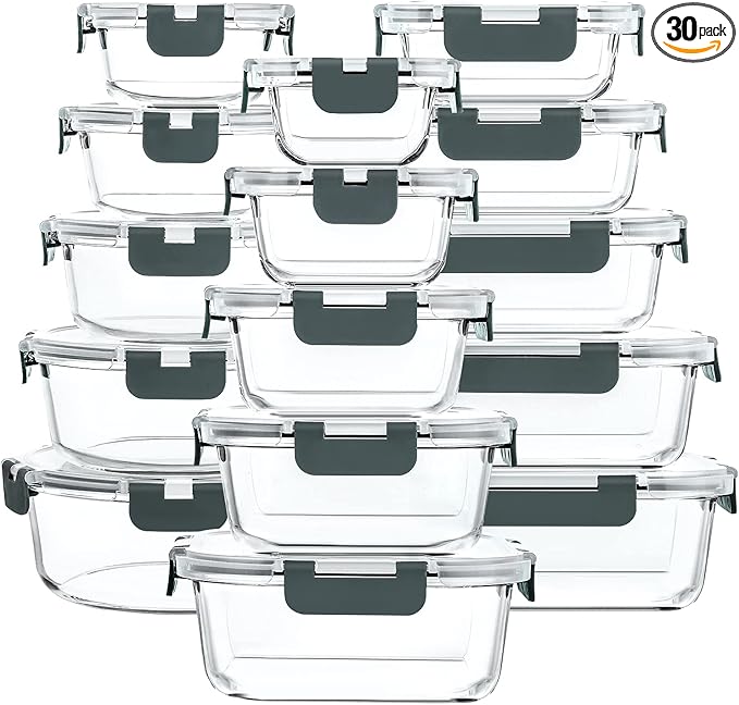 M MCIRCO 30 Pieces Glass Food Storage Containers with Snap Locking Lids,Glass Meal Prep Containers Set - Airtight Lunch Containers, Microwave, Oven, Freezer and Dishwasher