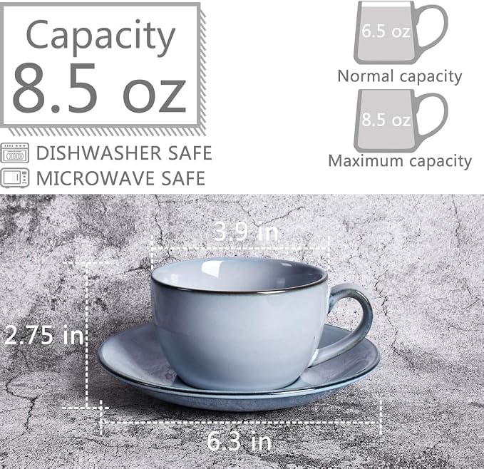 Bosmarlin Ceramic Coffee Cup Mug with Saucer Set of 2 for Latte, Cappuccino, Tea, 8.5 Oz, Dishwasher and Microwave Safe(Grey&Blue, 2)