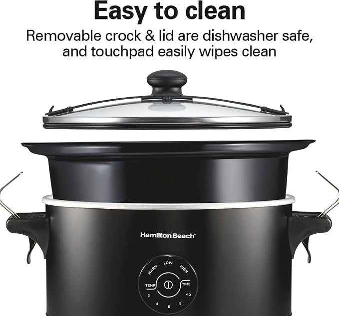 Hamilton Beach 7 Quart Stay or Go Portable Programmable Slow Cooker, 15 Cooking Options, Large Dishwasher Safe Stoneware Crock, Clip-Tight Glass Lid For Easy Travel, Black (33771)