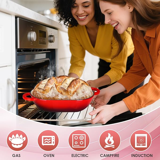 LIFERUN 2.5qt Enameled Cast Iron Dutch Oven for Sourdough Bread Baking, Oven Safe Dutch Oven Pot with Lid, Non-Stick Bread Oven Pot, Red
