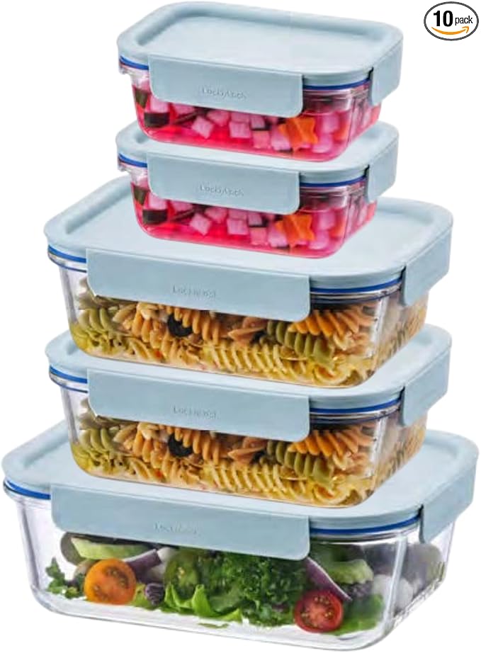 LocknLock LNG455S5M The Clear Heat-Resistant Borosilicate Glass Food Storage Set, 10-Piece (5 Containers + 5 Lids) - Mint
