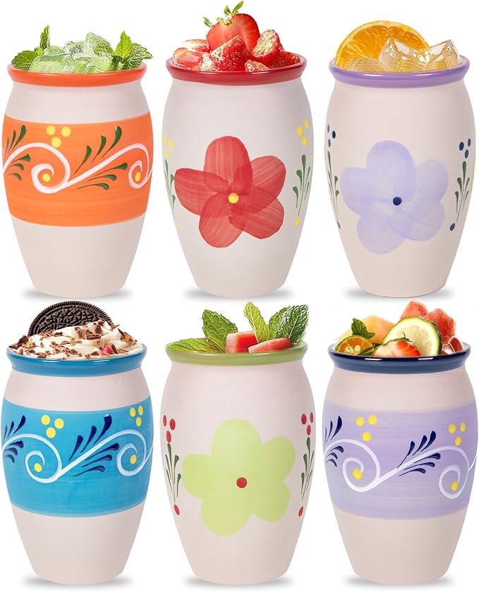 FirstGift 6-Pack Cantaritos de Barro Mexicanos – 12 oz Handmade Clay Cups for Margaritas, Taco Tuesday, Mexican Fiesta (Dishwasher & Microwave Safe)