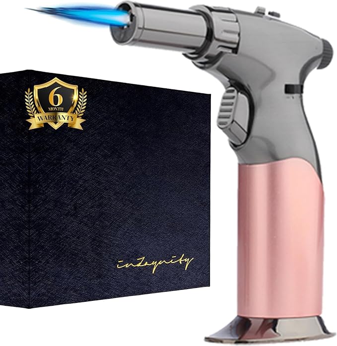 Dual Flame Butane Torch Gun - Refillable Luxury Hand Held Mini Blow Torch for Cooking, Creme Brulee, Soldering, Welding, & Resin Art - Adjustable Flame with Ignition Lock - Steel Blush by inZaynity®