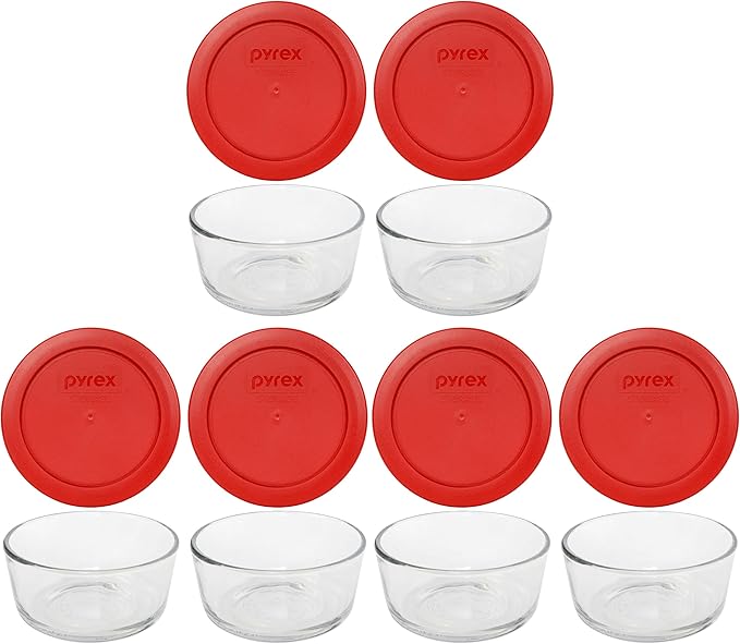 Pyrex 7200 2 Cup Glass Bowls & 7200-PC Poppy Red Food Storage Replacement Lids (6-Pack) - Made in the USA