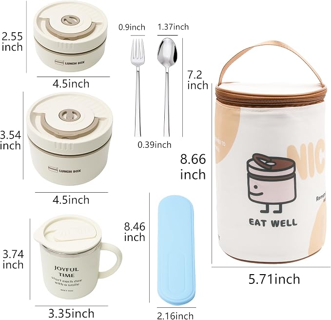 Insulated Lunch Box Set, 3-Piece Stainless Steel Bento Box with Lunch Bag, Coffee Mug, Fork & Spoon, Leakproof Stackable Thermal Lunch Containers, Reusable Food Storage for Home, Office, Outdoor Use