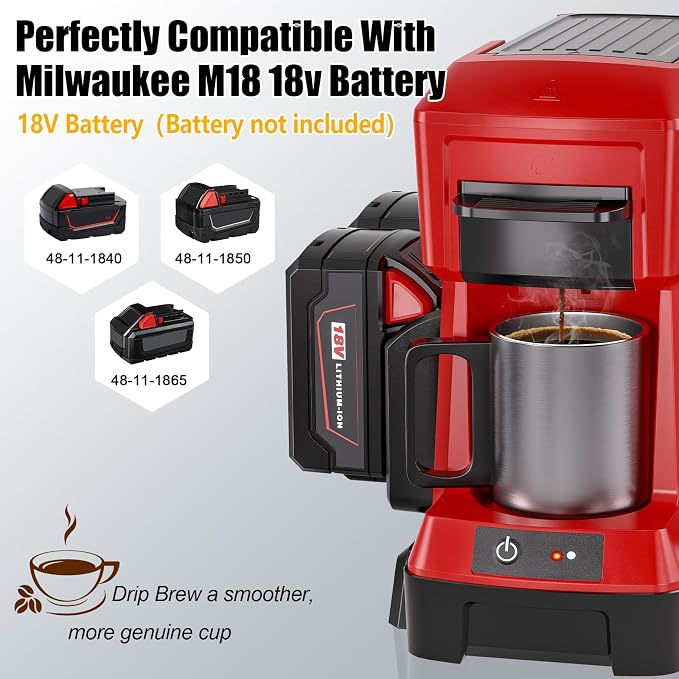Taingwei Cordless Coffee Maker for Milwaukee M18 18V Battery, Portable Drip Coffee Maker with Electric Coffee Grinder for RV, Camping, Travel, Car, Hiking (Battery Not Included)