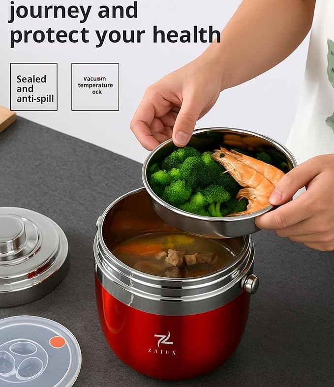 Stainless Steel Lunch Box Wine Red for Adults, Large Capacity 51 oz (1.5 L), Double compartment, Keeps food Fresh and Warm, Ideal for Work and Travel, Leak-Proof, Portable. Includes Special Bag.