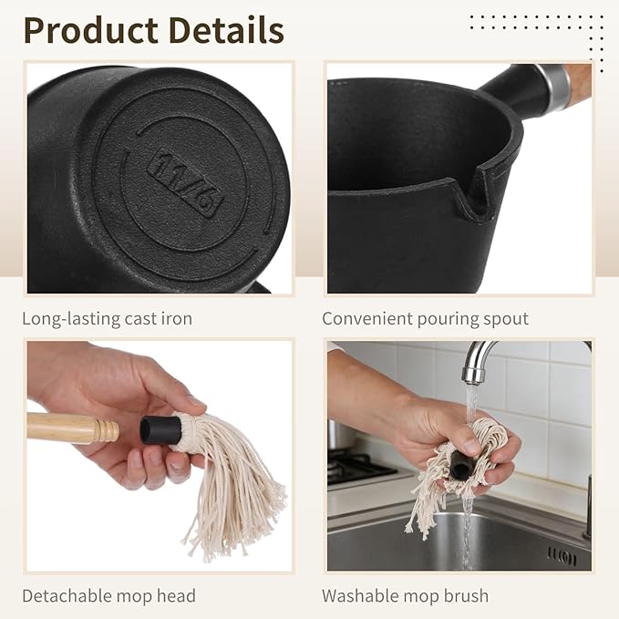 BBQ Mop Brush and Cast Iron Sauce Pot Set, Basting Melting Pot, Wooden Handle Sauce Mops with 3 Pcs Replacements, Barbecue Tongs and Pot Cleaning Brushes for Meat Smoker, Grill, Stove