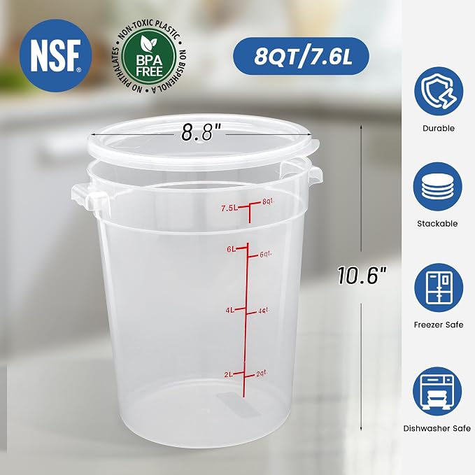 4 Pack 8QT Round Food Storage Containers with Lids | NSF, BPA-free PP containers with scale, label and measuring cup, stackable for prep, storage, freezer. Dishwasher safe