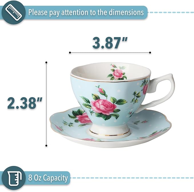 BTaT- Floral Tea Cups and Saucers, Set of 2, 8 oz, Fine Porcelain Teacup Set with Gold Trim for Afternoon Tea, Weddings, Parties & Gifting, Dishwasher Safe, Lightweight, Non-Toxic