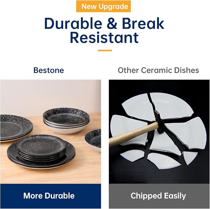 Bestone 12-Piece Round Porcelain Dinnerware Set, Service for 4, Chip Resistant Plates and Bowls,Black, Dishwasher & Microwave Safe for Home Daily Use