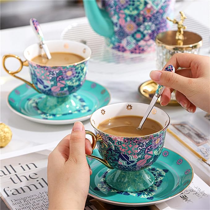 Tea Cup and Saucer Set, Tea Set,Coffee Mug(8oz), Ivory Porcelain Coffee Cup Vintage Floral Ceramic Tea Cup Set with Saucer and Spoon,Gold Trim and Gift Box for Woman/Men(A)