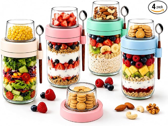 Yogurt Containers with Lids for Granola, 4 Pack Parfait Jars, Food Grade Glass, 20 oz Leakproof Overnight Oats Jars with Compartments for Oatmeal Salad Yogurt, BPA Free