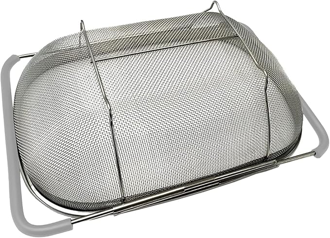 AJIODA Over The Sink Colander, 6 Quarts Stainless Steel Oval Colander with Expandable Rubber Grip Handle, Fine Mesh Strainer Baskets Kitchen Colanders for Strain, Drain, Rinse Vegetables, Fruits, Grey