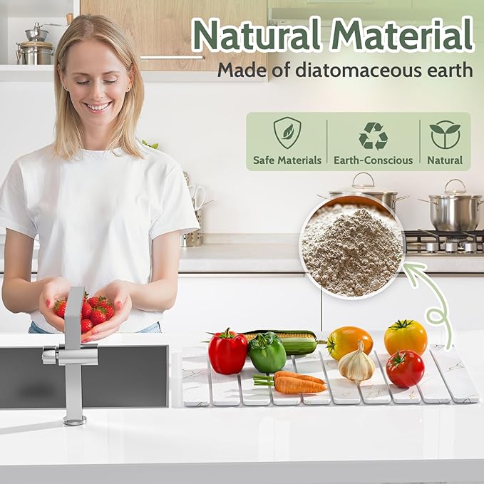 Stone Drying Mat for Kitchen Counter - 24x16 Inches Foldable Quick-Dry, Stone Dish Drying Mat Suitable for Kitchen Countertops | Environmentally Friendly A gift for Mom.
