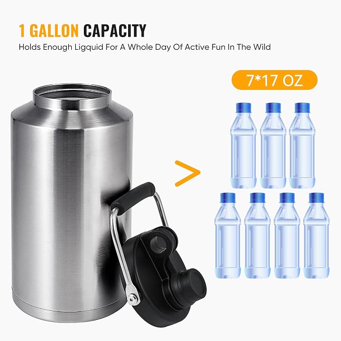 Kerilyn Insulated Gallon Jug with Handle, One Gallon, 128 Ounces, Stainless Steel, Large Double Vacuum Water Bottle for Hot & Cold Drinks, Wide Mouth, Sweat Proof, Great for Travel, Camping