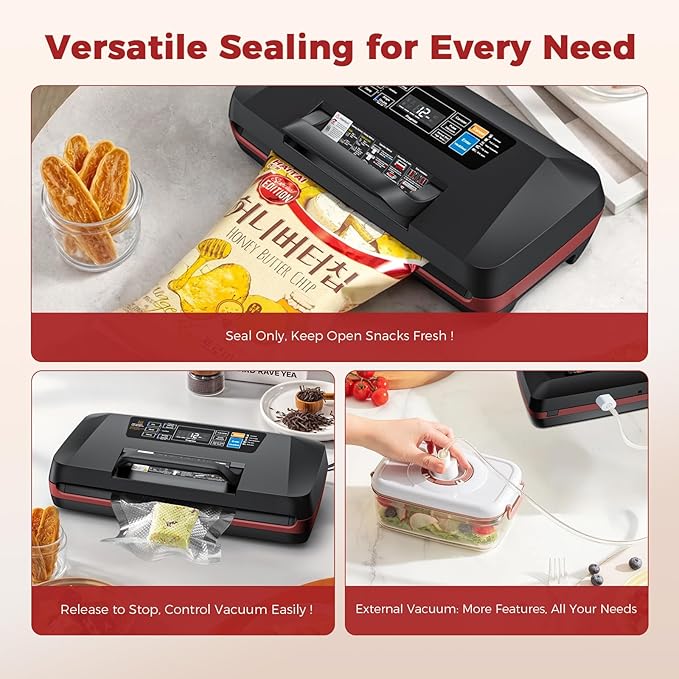 95KPa Vacuum Sealer Machine for Food, Automatic with Dual 12mm Heat Seal, 10-in-1 Modes, Built-in Cutter & Bag Storage, Includes 1 Roll and 10 Pre-Cut Bags