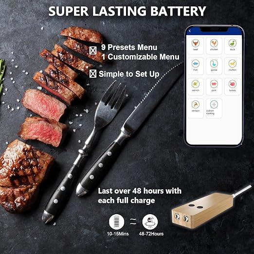 Wireless Meat Thermometer Digital for Cooking and Grilling - 2 Ultra-Thin Probe, 800FT Long Range Bluetooth Smart Meat Thermometer, Food Thermometer for BBQ, Oven Safe, Kitchen, Rotisserie,Smoker