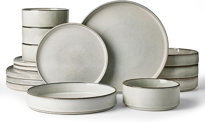 Famiware Annecy Plates and Bowls Sets, Service for 4 (16 Pieces), Dinnerware Sets with Pasta Bowls, Microwave and Dishwasher Safe Dishes Set, Chip and Scratch Resistant, Grey White