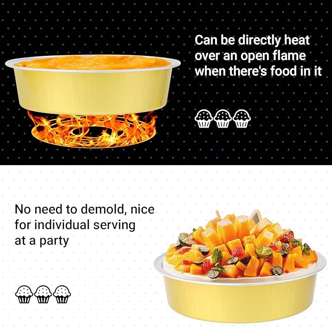 Beasea Aluminum Ramekins 200 Pack, 7.3oz 215ml Disposable Ramekins Foil Cups No Lids 4" Baking Ramekin Cupcake Aluminum Mini Baking Cups for Party - Golden