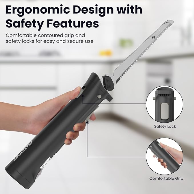 Cordless Electric Knife, Electric Bread Knife with 4 Stainless Steel Blades, Electric Cutting Knife for Cutting Meats, Fish, Poultry, Bread, Cheese & More (Black)