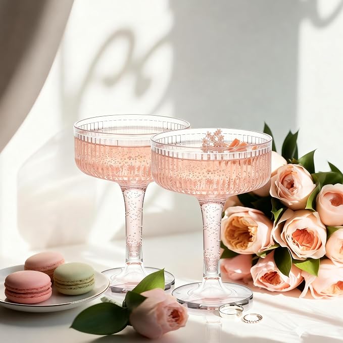 Ronasip 7oz Plastic Champagne Flutes - Clear Acrylic Champagne Glasses for Champagne Tower, Unbreakable Reusable Coupe Glasses for Wedding, Bridal Shower, Toasting & Party (10, Clear)