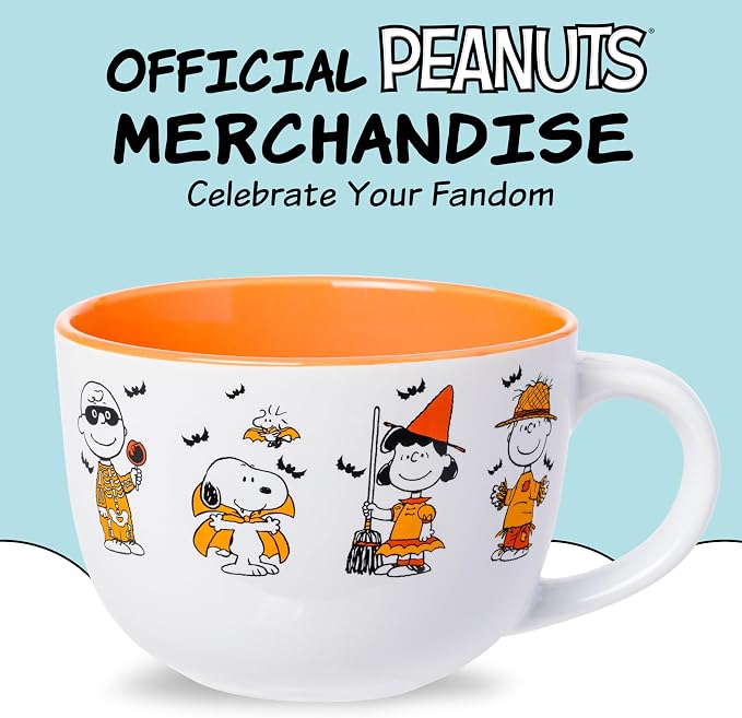 Silver Buffalo Peanuts Halloween Featuring Snoopy (Vampire), Woodstock (Vampire), Charlie Brown (Skeleton), Lucy (Witch), and Linus (Scarecrow) Ceramic Soup Mug, 24 Ounces