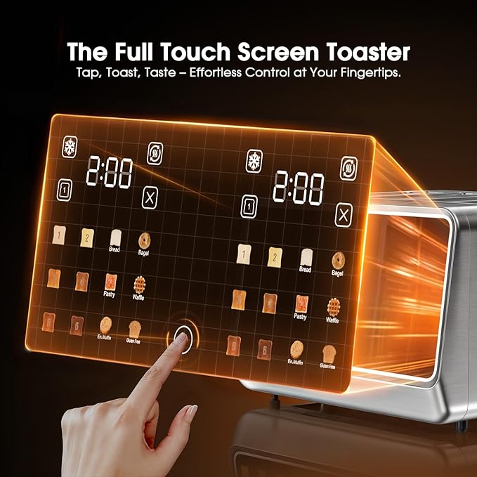 Smart Toaster 4 Slice with Dual Touchscreen & Independent Controls, 1800W Stainless Steel, Wide Slots for 6 Bread Types & Toast Settings,Single-Slice Modes, Defrost, Reheat
