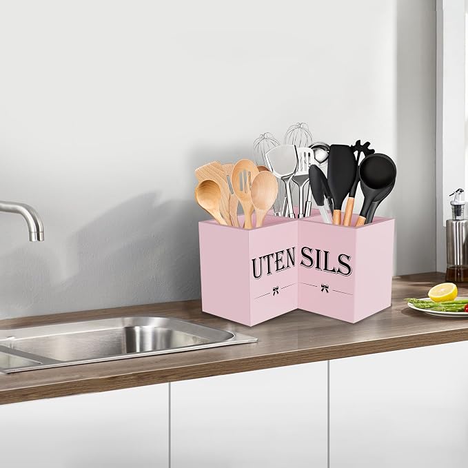 Suli Extra Large Cute Kitchen Utensil Holder with 3 Compartments,Corner Utensil Caddy for Countertop,Wooden Utensil Organizer for Kitchen Countertop, Farmhouse Decor- Pink