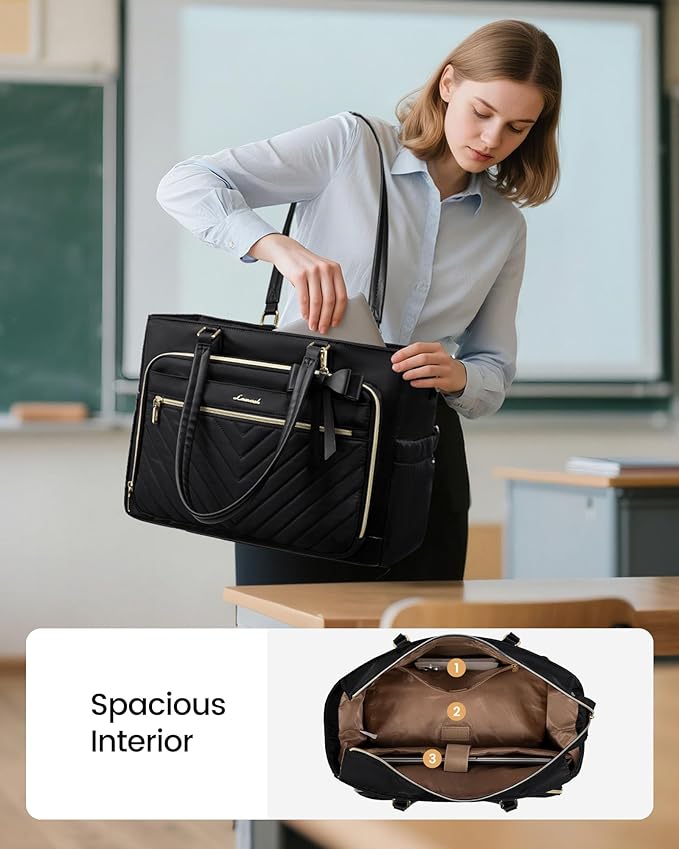 LOVEVOOK Lunch Bag, Tote Bag for Women with Insulated Lunch Compartment, Large Capacity Teacher Nurse Bag for Work with Large Cup Holder, Womens Crossbody Black Handbags fit 15.6 Inch Laptop, Gift