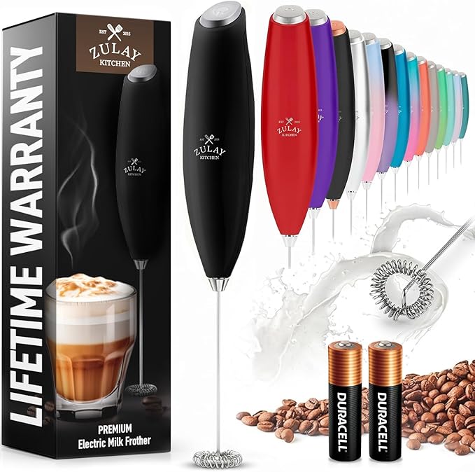 Zulay Kitchen Milk Frother Handheld Electric Whisk – Frother Wand with 2 Duracell Batteries, Durable Drink Mixer, Coffee Frother, Hand Blender, Frother for Protein Powder, Matcha & More - Black