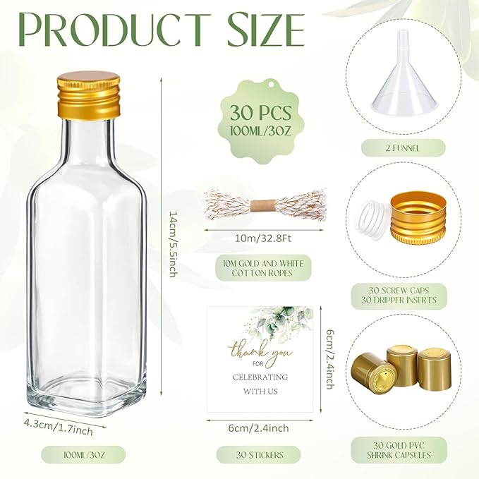 Reallnaive 30 Pack 3 oz Mini Glass Olive Oil Bottles Set, Gold Homemade Wedding Sauce Gift Bottles Leakproof Screw Cap, Thank You Wedding Stickers for Storing Oil Honey Bridal Baby Shower Favors