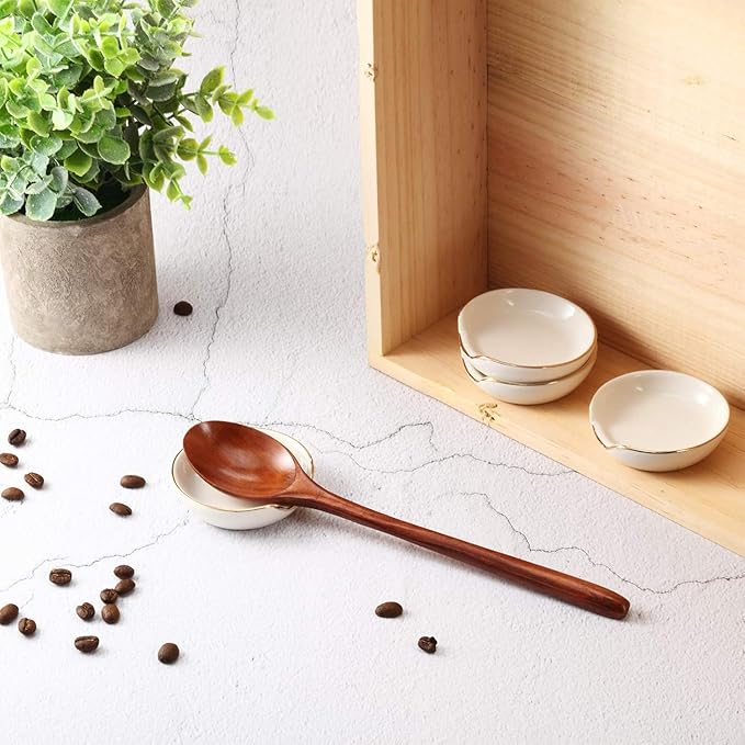Boao 2.7 Inches Mini Ceramic Spoon Rests, Gold Rim Kitchen Spoon Rests, Mini Cooking Season Soup Holder for Stove Top Countertop, Teaspoon Rest, Coffee Stir Rest (white, 4 Pieces)