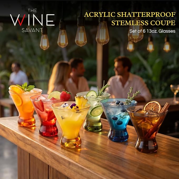 13-Ounce Colorful Pastel Plastic Stemless Martini Glasses (Set of 4), Martini, Margarita, Champagne & Cocktail Reusable Glasses, BPA-Free, Shatter-Proof, Dishwasher-Safe, Poolside Perfect, Outdoors