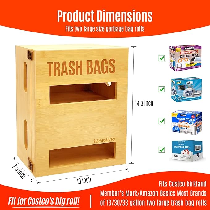 Libreshine 2-in-1 Extra Large Bamboo Trash Bag Dispenser Holder - Wall Mount Garbage Bag Organizer for Costco/Sam's Club Rolls, Space-Saving Kitchen/Pantry/Laundry/Garage Storage with Non-Slip Base