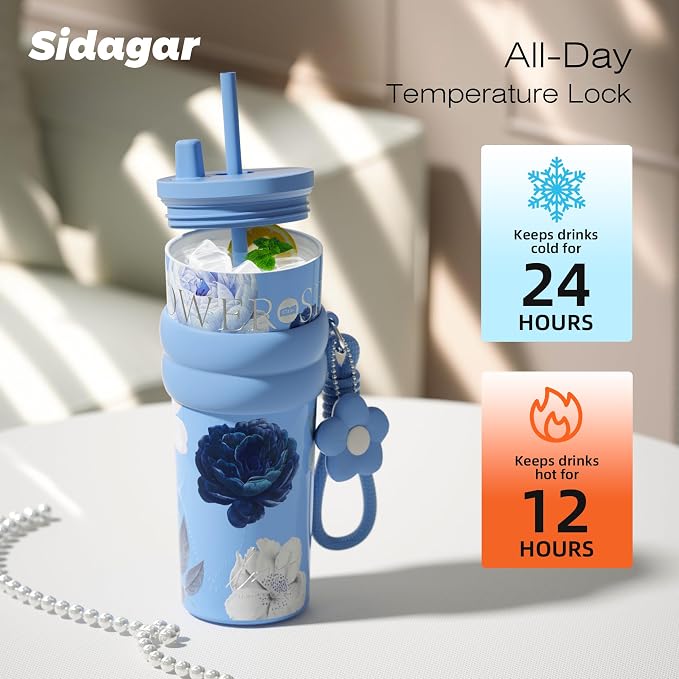 24 oz Stainless Steel Tumbler with Lid and Straw, Insulated Coffee Mug, Leak Proof, Portable Iced Travel Water Bottle, Reusable Thermal Coffee Cup, Floral Blue