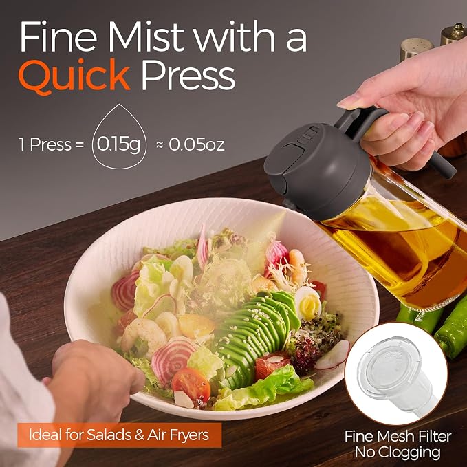 YARRAMATE 16oz/470ml Oil Sprayer for Cooking with Stickers, Food-grade Premium 2 in 1 Olive Oil Dispenser Bottle for Kitchen Gadgets, Air Fryer, Salad, Frying, BBQ (Gray)