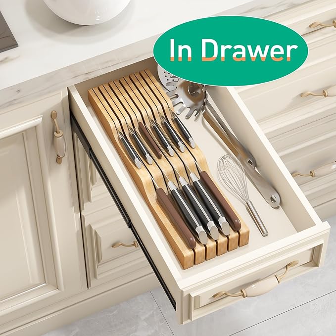 Knife Drawer Organizer Insert, Bamboo Wood Knife Holder, Knife Block Holds Up To 11 Knives