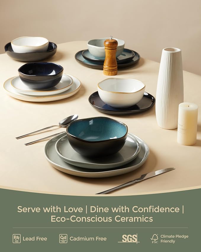 Pokini Ceramic Plates and Bowls Set, Everyday Dinnerware Set for 4, Wavy Rim Kitchen Dish Set, Chip Resistant Dishware Sets, Dishwasher Safe Dinner Set, Designed for Simple Meals, Gray Green