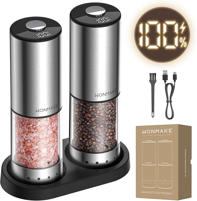 Electric Salt and Pepper Grinder Set, Type-C Rechargeable with LED Battery Level Display, Stainless Steel Salt and Pepper Shakers with Storage Base, Top Button Design, 5 Adjustable Coarseness Levels