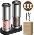 Electric Salt and Pepper Grinder Set, Type-C Rechargeable with LED Battery Level Display, Stainless Steel Salt and Pepper Shakers with Storage Base, Top Button Design, 5 Adjustable Coarseness Levels