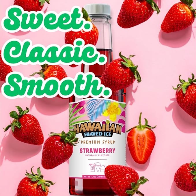 Hawaiian Shaved Ice Strawberry Syrup - Nut Soy Dairy Free - Flavor Fluffy & Crunchy Snow Cones - Shelf Stable - Makes 8 Servings - 16 ounces